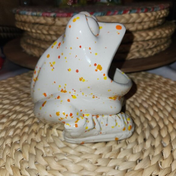 Vintage Ceramic Frog Planter Sponge Holder With Speckled Orange & Yellow Design - Picture 4 of 7